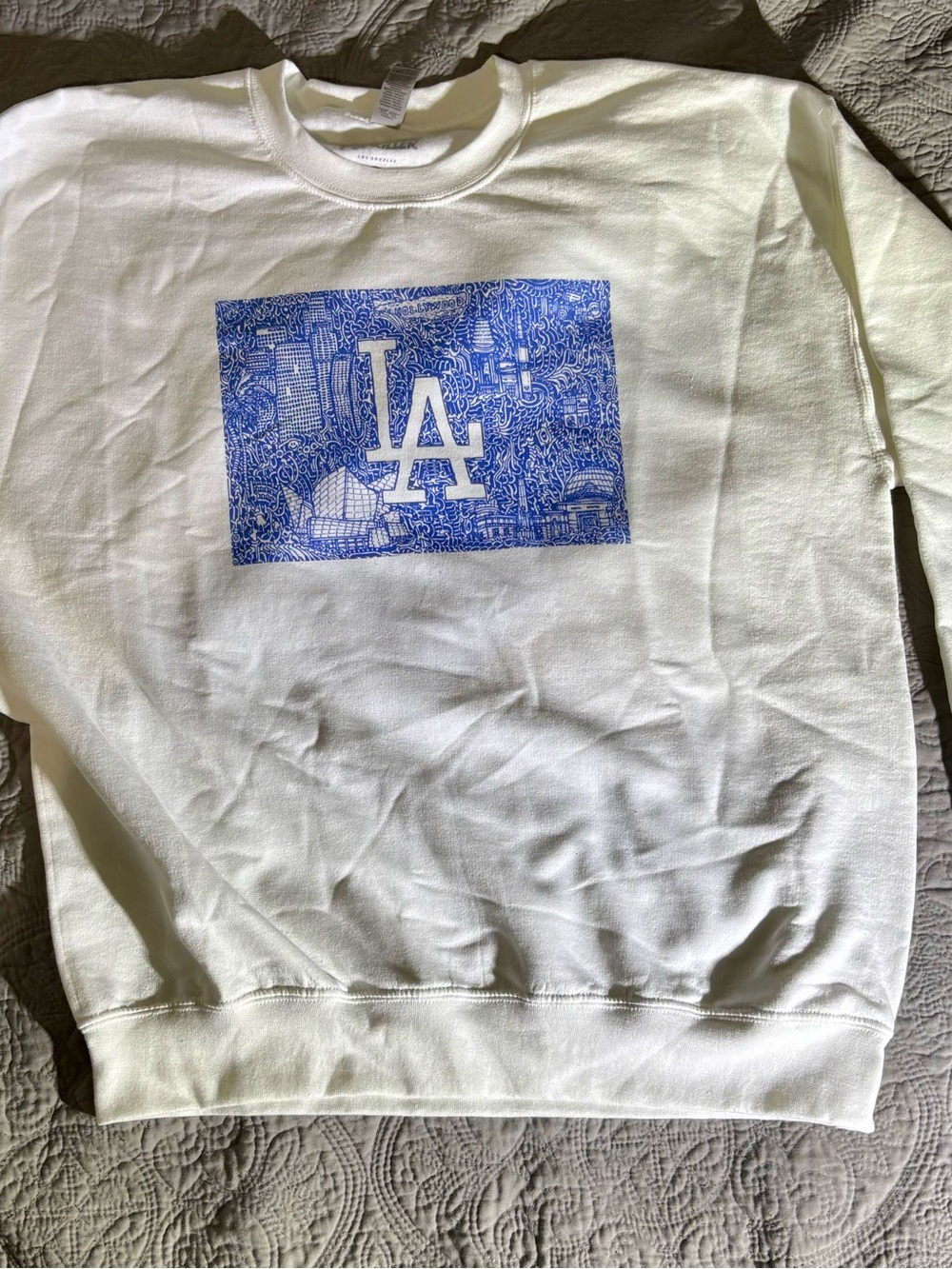 White Crewneck Sweatshirt with Blue LA Graphic